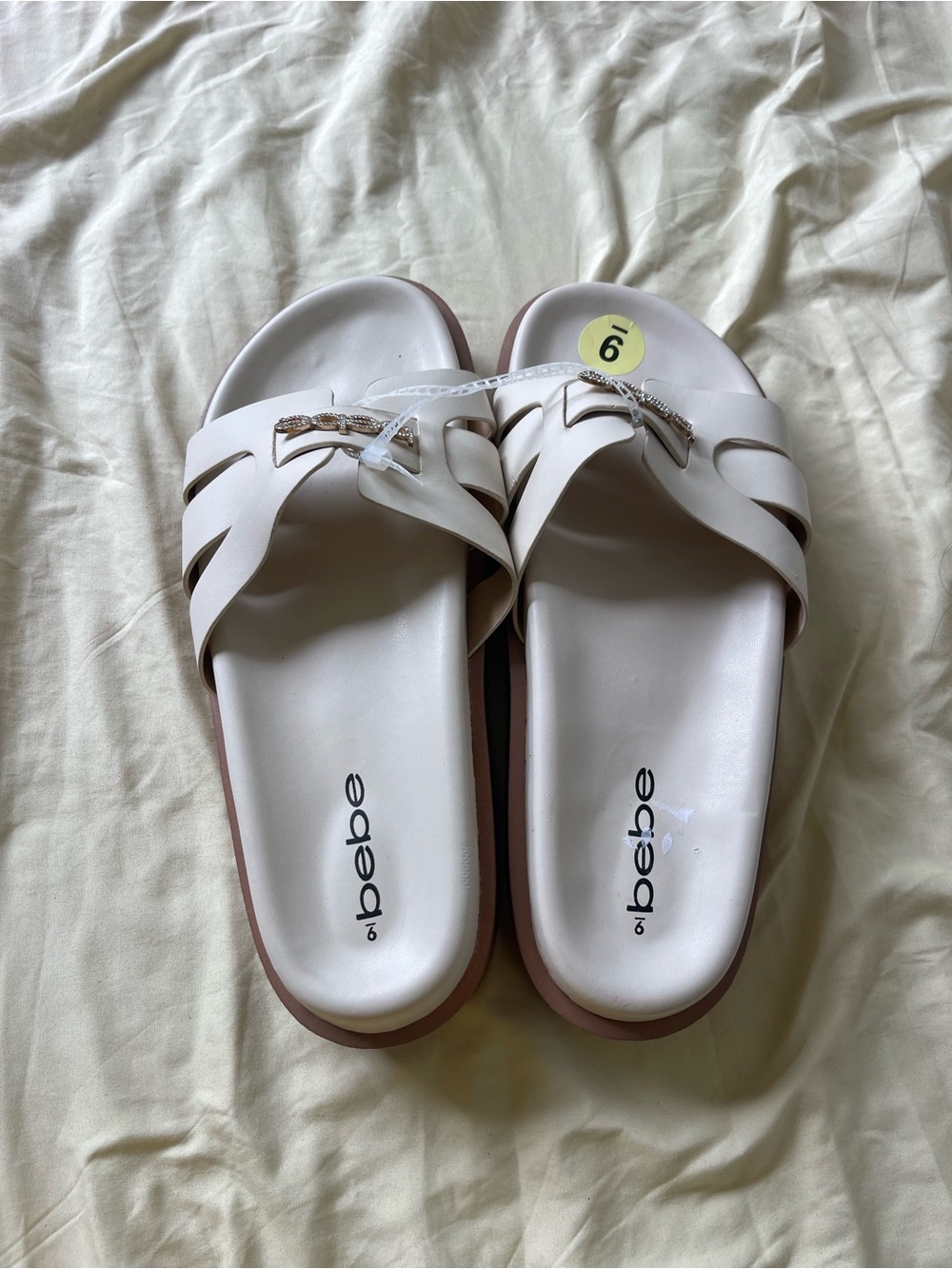bebe White Slide Sandals with Rhinestone Accent